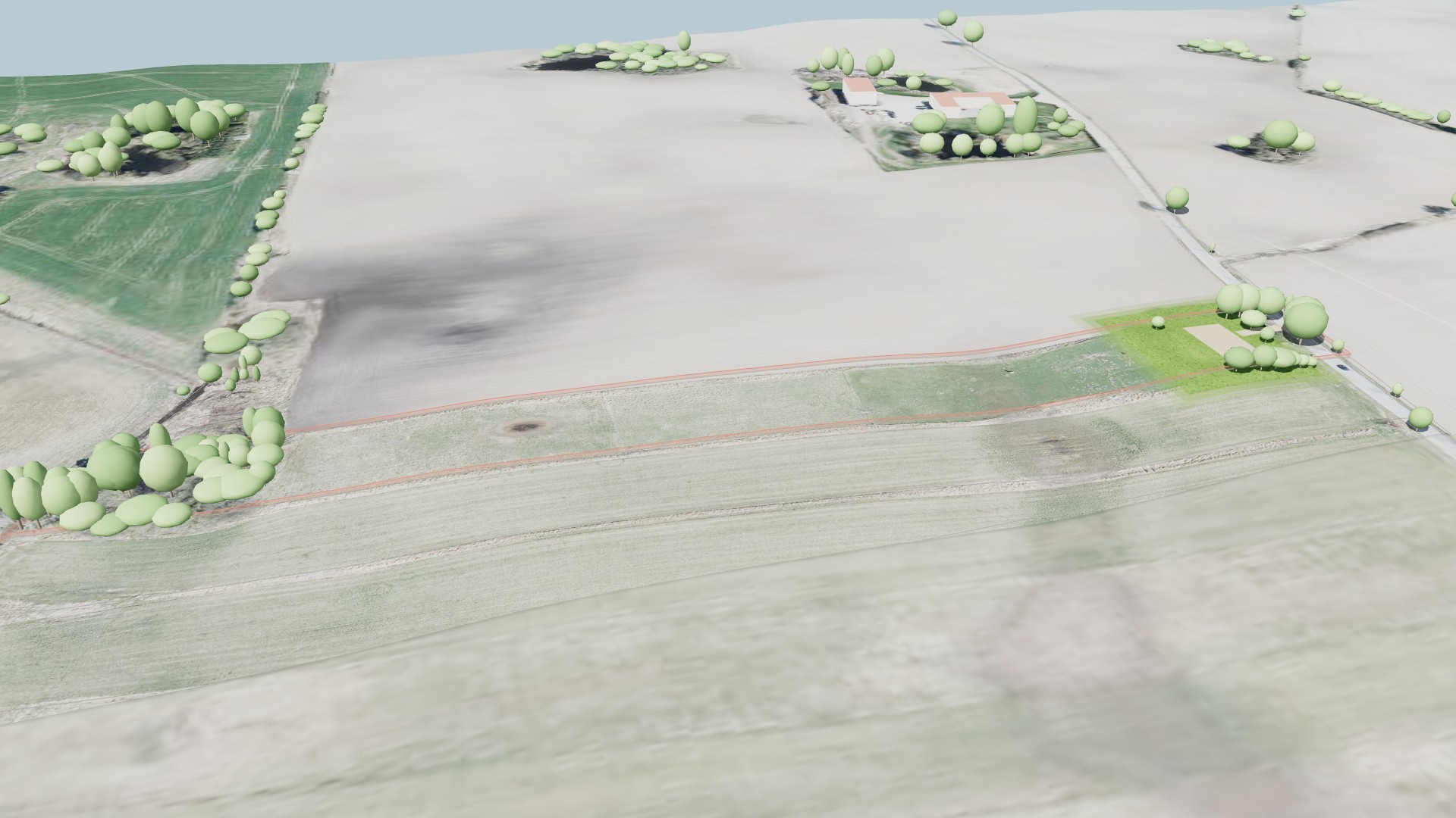 Grunden bygget op i 3D med terræn, luftfoto og skel