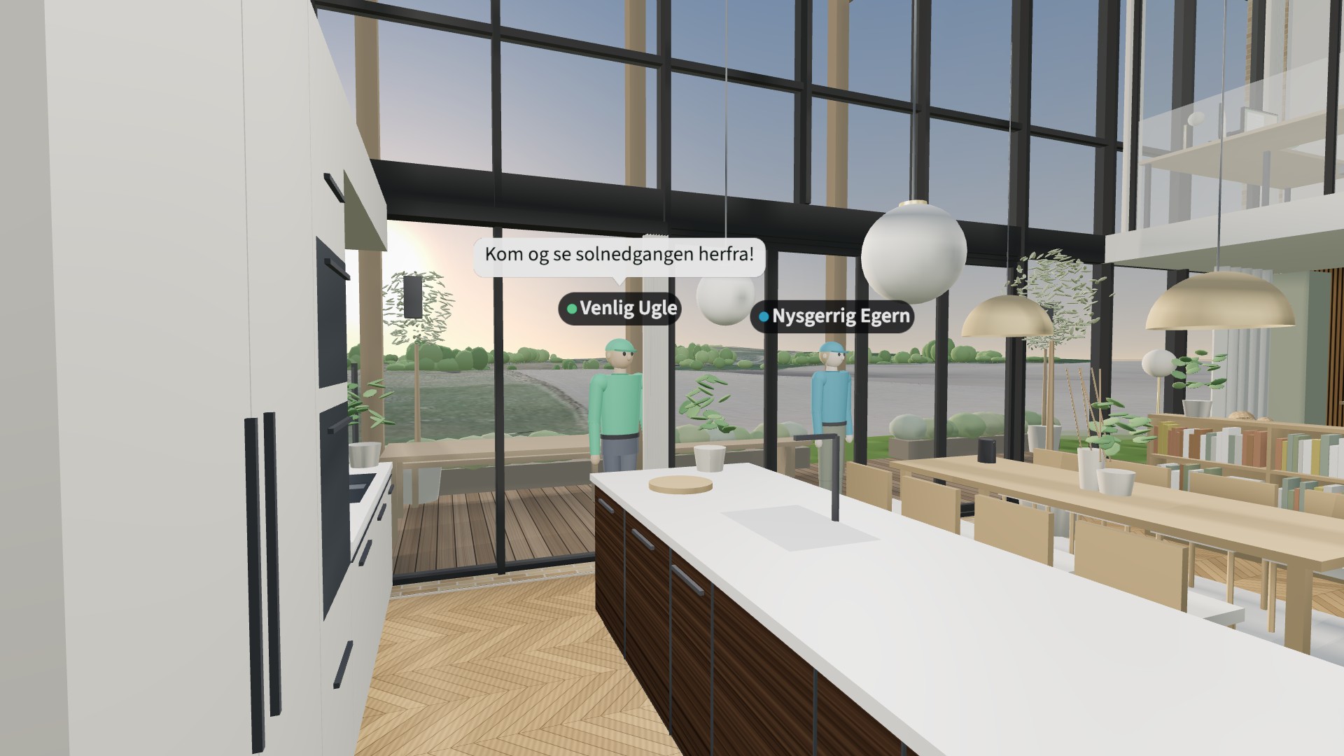To personer i køkkenet i 3D-huset, den ene skriver: Kom og se solnedgangen herfra!